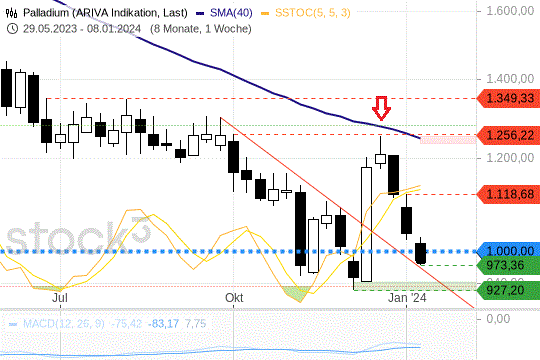 Palladium: Der Unzen-Preis liegt wieder unter 1000 USD. 12.1.2024
